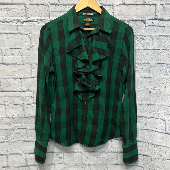 Rugby Ralph Lauren Tops - Ralph Lauren Rugby Skinny Fit Green And Black Plaid Long Sleeve Ruffle Button Up